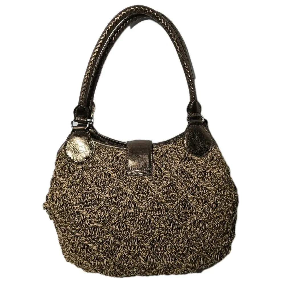 BRIGHTON VINTAGE Woven Straw Shoulder Hobo Bag Bronze Leather Trim Charm